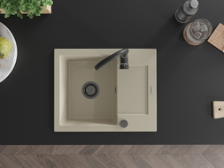Mexen Enzo Granitspüle 1-Becken mit Abtropffläche 576 x 465 mm, beige, schwarzer Siphon - 6506571005-69-B