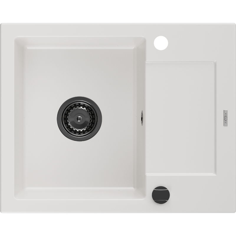 Mexen Enzo 1-bowl granite sink with drainer 576 x 465 mm, white, black siphon - 6506571005-20-B