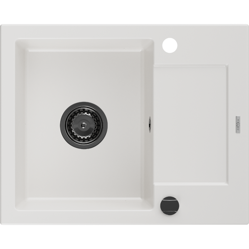Mexen Enzo fregadero de granito de 1 cubeta con escurridor 576 x 465 mm, blanco, sifón negro - 6506571005-20-B