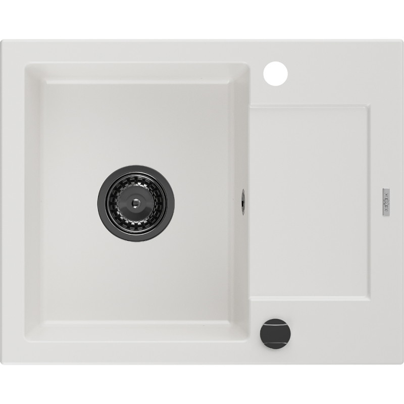 Mexen Enzo granitische spoelbak 1-compartiment met afdruiprek 576 x 465 mm, wit, zwarte sifon - 6506571005-20-B
