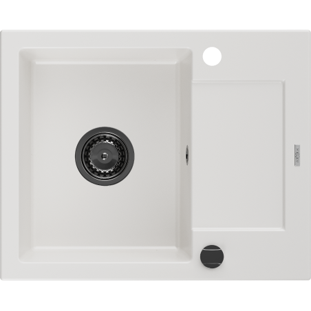 Mexen Enzo granitische gootsteen 1-komorige met afdruiprek 576 x 465 mm, wit, zwarte sifon - 6506571005-20-B