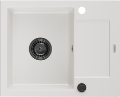 Mexen Enzo évier en granit 1 bac avec égouttoir 576 x 465 mm, blanc, siphon noir - 6506571005-20-B