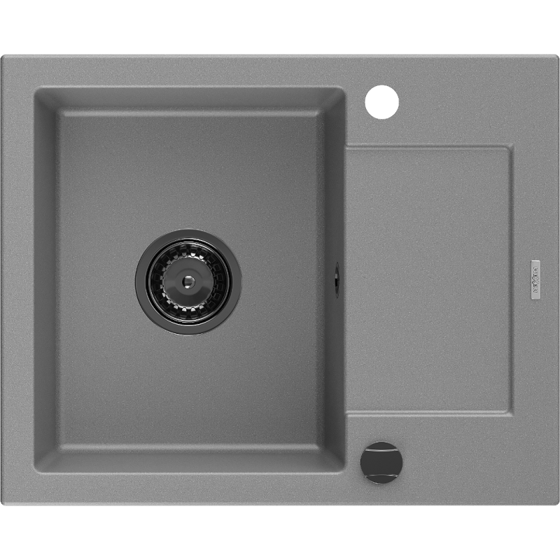 Mexen Enzo évier en granit 1 bac avec égouttoir 576 x 465 mm, gris, siphon noir - 6506571005-71-B
