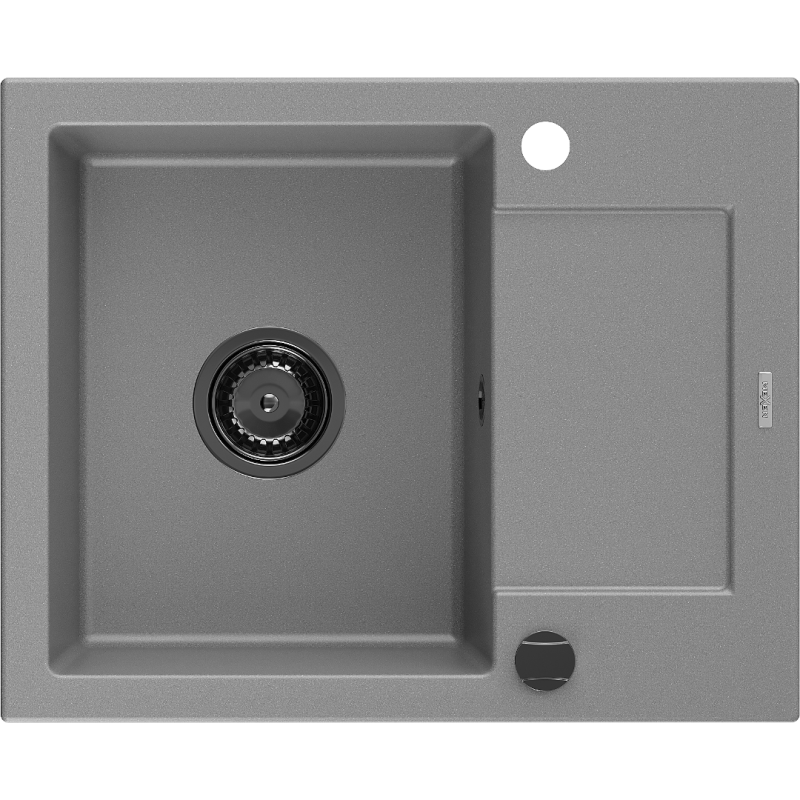 Mexen Enzo évier en granit à 1 bac avec égouttoir 576 x 465 mm, gris, siphon noir - 6506571005-71-B