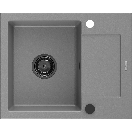 Mexen Enzo évier en granit 1 bac avec égouttoir 576 x 465 mm, gris, siphon noir - 6506571005-71-B