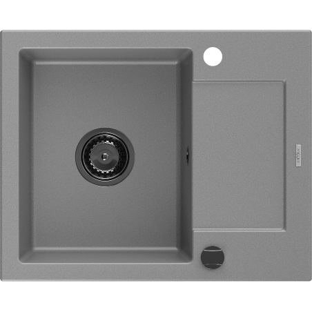 Mexen Enzo fregadero de granito de 1 cubeta con escurridor 576 x 465 mm, gris, sifón negro - 6506571005-71-B