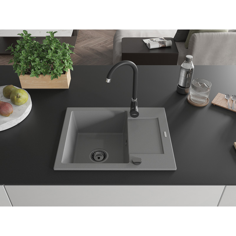 Mexen Enzo évier en granit à 1 bac avec égouttoir 576 x 465 mm, gris, siphon noir - 6506571005-71-B