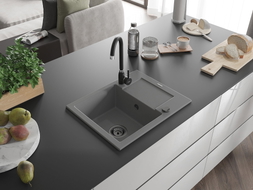 Mexen Enzo 1-bowl granite sink with drainer 576 x 465 mm, gray, black siphon - 6506571005-71-B