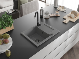 Mexen Enzo fregadero de granito de 1 cubeta con escurridor 576 x 465 mm, gris, sifón negro - 6506571005-71-B