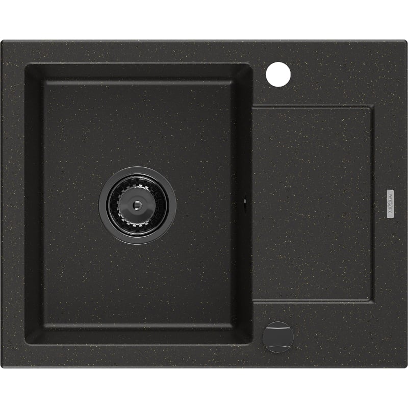 Mexen Enzo granite sink 1-bowl with drainer 576 x 465 mm, black/golden metallic, black siphon - 6506571005-75-B