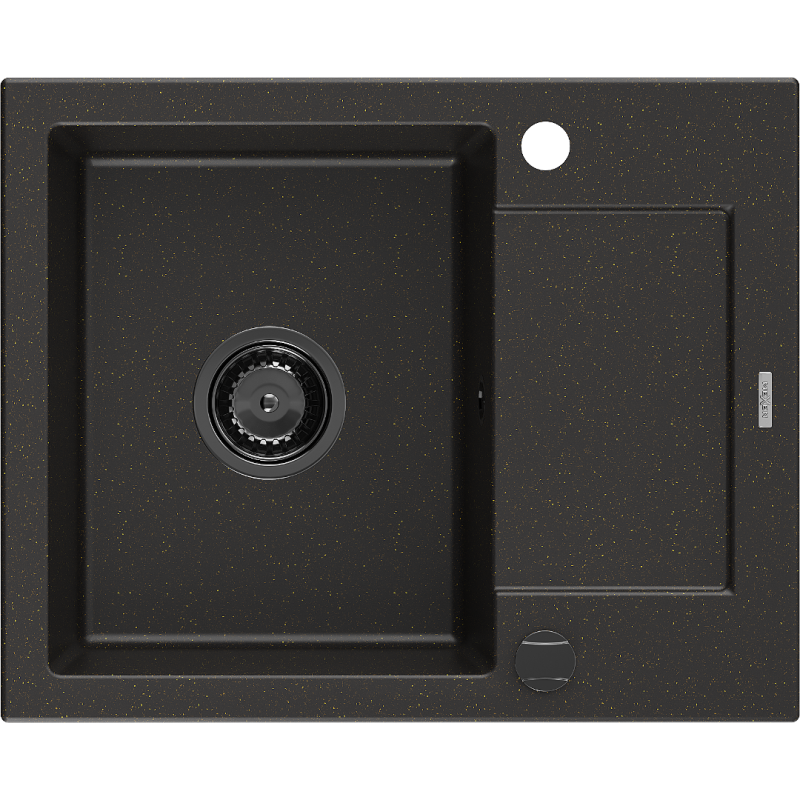 Mexen Enzo lava-loiça de granito de 1 cuba com escorredor 576 x 465 mm, preto/dourado metálico, sifão preto - 6506571005-75-B