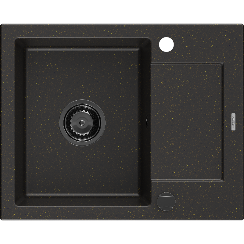 Mexen Enzo lavello in granito 1-vasca con sgocciolatoio 576 x 465 mm, nero/oro metallico, sifone nero - 6506571005-75-B
