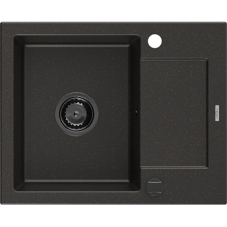 Mexen Enzo fregadero de granito 1 cubeta con escurridor 576 x 465 mm, negro/dorado metálico, sifón negro - 6506571005-75-B