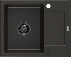Mexen Enzo fregadero de granito 1 cubeta con escurridor 576 x 465 mm, negro/dorado metálico, sifón negro - 6506571005-75-B