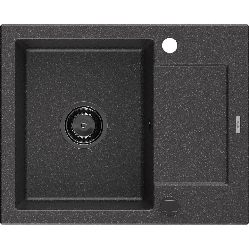 Mexen Enzo évier de cuisine en granit 1 bac avec égouttoir 576 x 465 mm, noir moucheté, siphon noir - 6506571005-76-B