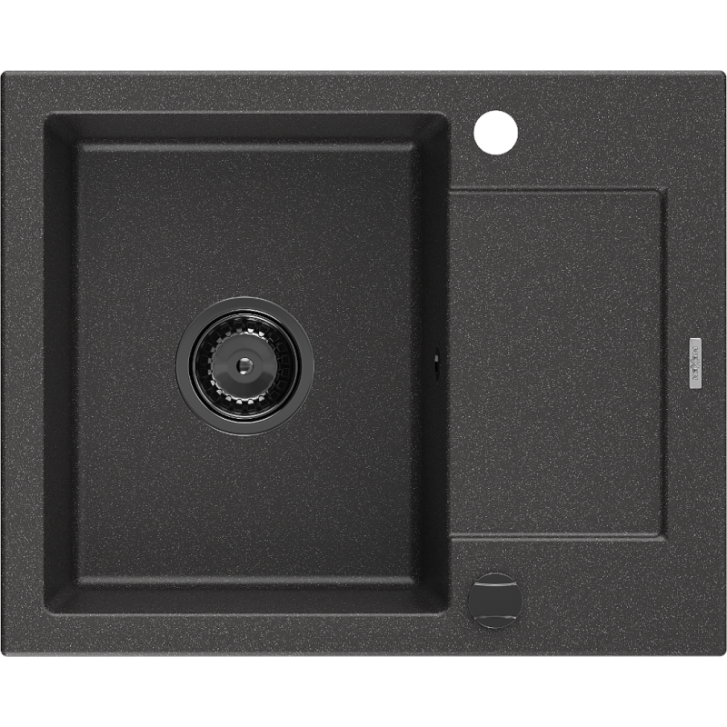 Mexen Enzo fregadero de granito de 1 cubeta con escurridor 576 x 465 mm, negro moteado, sifón negro - 6506571005-76-B