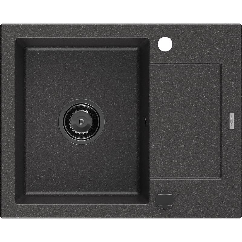Mexen Enzo granite kitchen sink, single bowl with drainer 576 x 465 mm, black speckled, black siphon - 6506571005-76-B