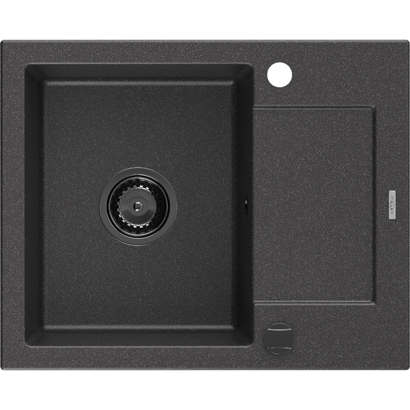Mexen Enzo Granitspüle 1-becken mit Abtropffläche 576 x 465 mm, schwarz gesprenkelt, schwarzer Siphon - 6506571005-76-B
