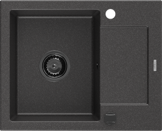 Mexen Enzo granite kitchen sink, single bowl with drainer 576 x 465 mm, black speckled, black siphon - 6506571005-76-B