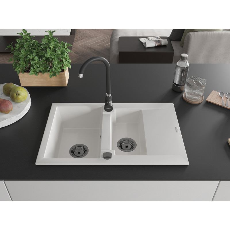 Mexen Gaspar fregadero de granito de 1,5 compartimentos con escurridor 737 x 475 mm, blanco, sifón negro - 6507731505-20-B