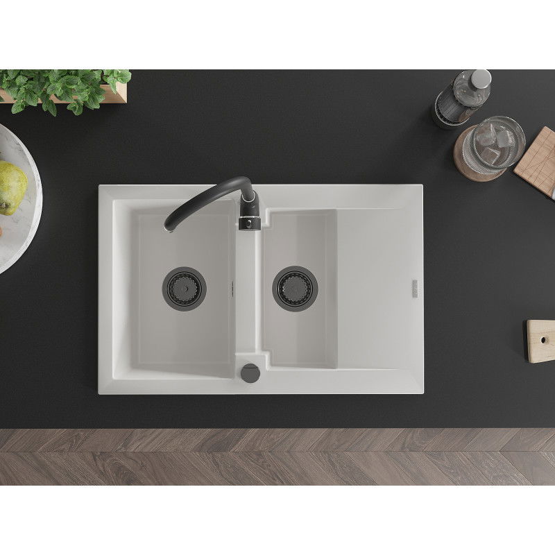 Mexen Gaspar fregadero de granito 1,5 senos con escurridor 737 x 475 mm, blanco, sifón negro - 6507731505-20-B