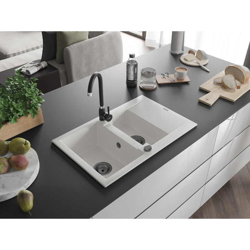 Mexen Gaspar granite sink 1.5-bowl with drainer 737 x 475 mm, white, black siphon - 6507731505-20-B