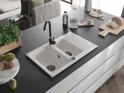 Mexen Gaspar granit diskbänk med 1,5 hoar och avrinningsyta 737 x 475 mm, vit, svart sifon - 6507731505-20-B