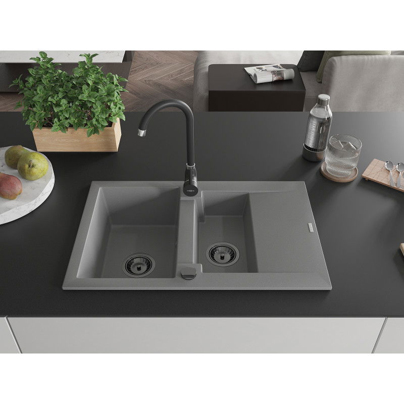 Mexen Gaspar lavello in granito 1,5 vasche con sgocciolatoio 737 x 475 mm, grigio, sifone nero - 6507731505-71-B