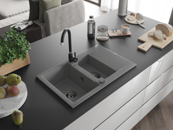 Mexen Gaspar 1,5-kambriline kraanikauss tilaga 737 x 475 mm, hall, must sifoon - 6507731505-71-B
