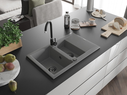 Mexen Gaspar Granitspüle 1,5-beckig mit Abtropffläche 737 x 475 mm, grau, schwarzer Siphon - 6507731505-71-B