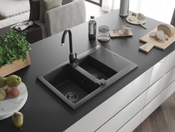 Mexen Gaspar 1.5 Bowl Granite Sink with Drainer 737 x 475 mm, Black Speckled, Black Siphon - 6507731505-76-B