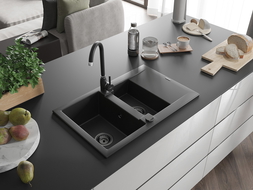 Mexen Gaspar évier en granit 1,5 bac avec égouttoir 737 x 475 mm, noir, siphon noir - 6507731505-77-B