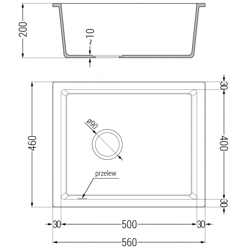 Mexen Pedro fregadero de granito de 1 compartimento 560 x 460 mm, gris, sifón negro - 6508561000-71-B