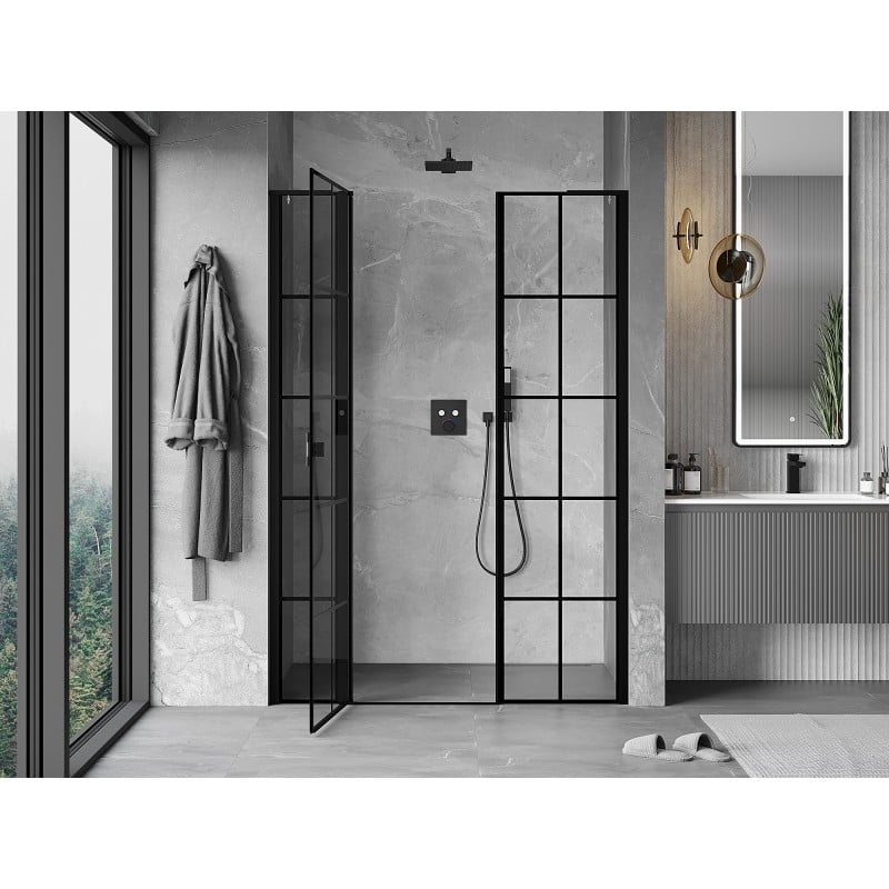 Mexen Mist L drzwi prysznicowe uchylne lewe 145 cm, czarna kratka, czarne - 8A4L-145-001-70-77-L