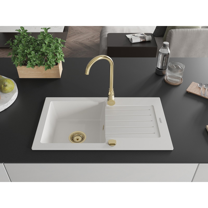 Mexen Pablo fregadero de granito de 1 cubeta con escurridor 752 x 436 mm, blanco, sifón dorado - 6510751010-20-G