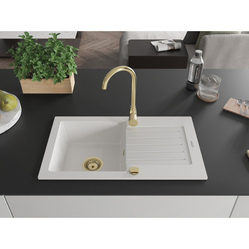 Mexen Pablo granit aanrecht met 1 bak en afdruiprek 752 x 436 mm, wit, gouden sifon - 6510751010-20-G