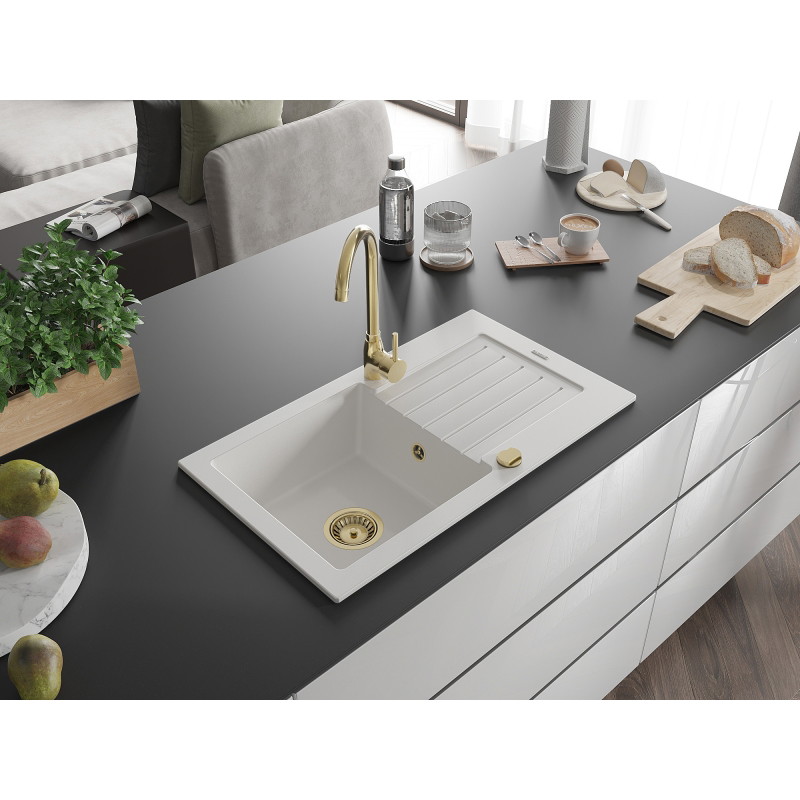 Mexen Pablo granit aanrecht met 1 bak en afdruiprek 752 x 436 mm, wit, gouden sifon - 6510751010-20-G