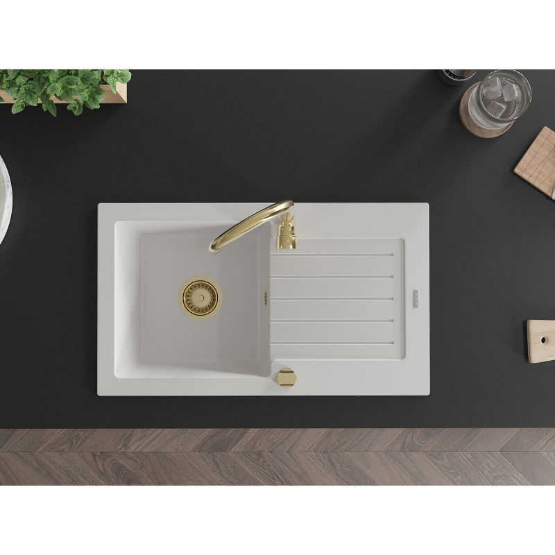 Mexen Pablo lavello in granito a 1 vasca con scolapiatti 752 x 436 mm, bianco, sifone dorato - 6510751010-20-G