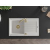 Mexen Pablo évier en granit 1 bac avec égouttoir 752 x 436 mm, blanc, siphon doré - 6510751010-20-G