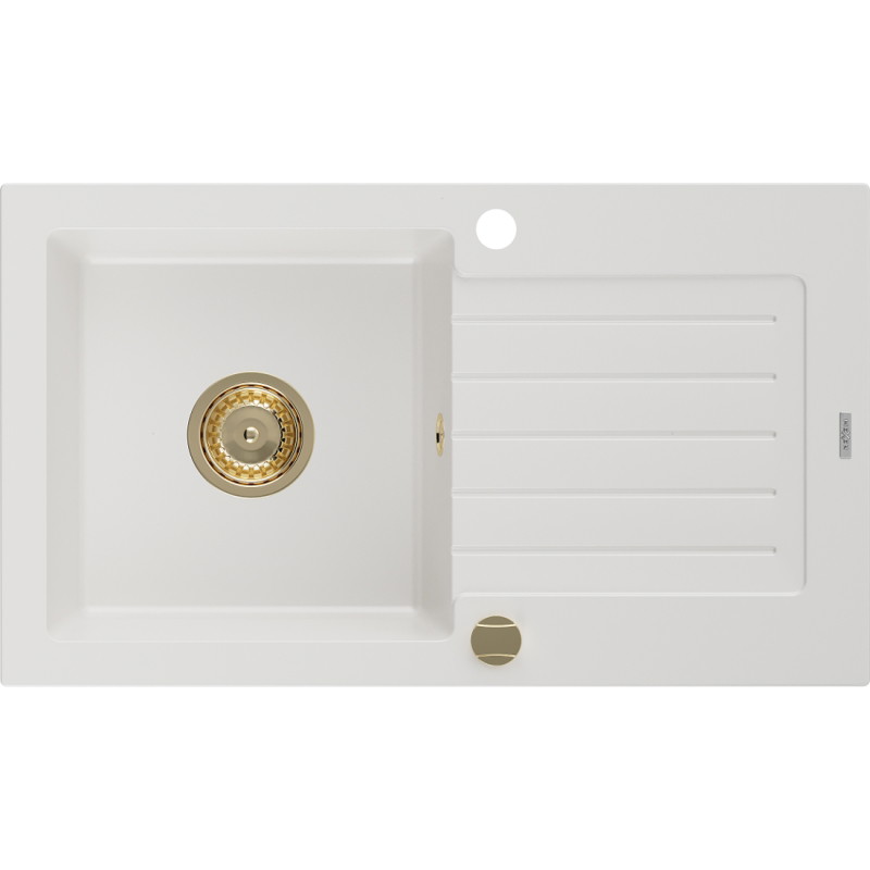 Mexen Pablo granitische spoelbak met 1 bak en afdruiprek 752 x 436 mm, wit, gouden sifon - 6510751010-20-G