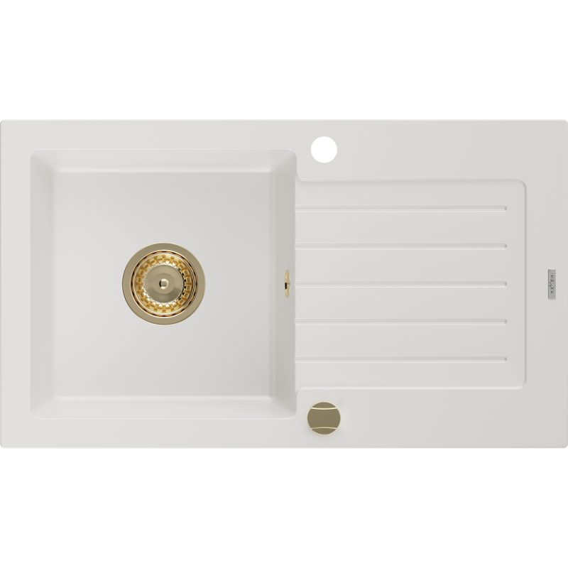 Mexen Pablo lavatório de cozinha em granito de 1 cuba com escorredor 752 x 436 mm, branco, sifão dourado - 6510751010-20-G