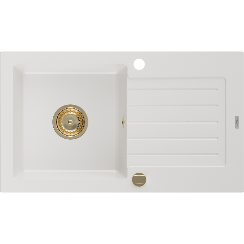 Mexen Pablo lavello in granito a 1 vasca con scolapiatti 752 x 436 mm, bianco, sifone dorato - 6510751010-20-G