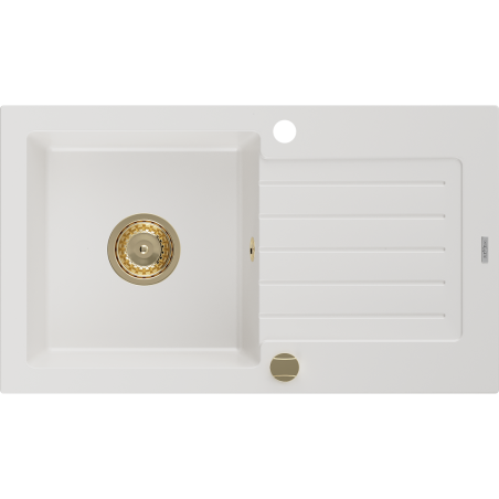 Mexen Pablo fregadero de granito de 1 seno con escurridor 752 x 436 mm, blanco, sifón dorado - 6510751010-20-G