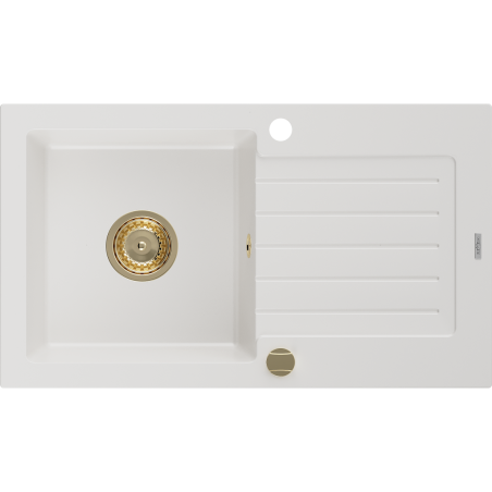 Mexen Pablo lavello in granito a 1 vasca con scolapiatti 752 x 436 mm, bianco, sifone dorato - 6510751010-20-G