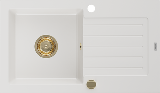Mexen Pablo granieten spoelbak 1-komorige met afdruiprek 752 x 436 mm, wit, gouden sifon - 6510751010-20-G