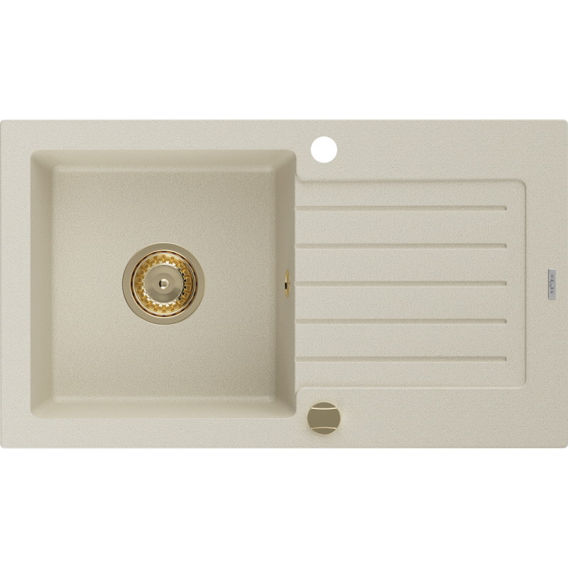 Mexen Pablo granieten spoelbak 1-komoer met afdruiprek 752 x 436 mm, beige, gouden sifon - 6510751010-69-G