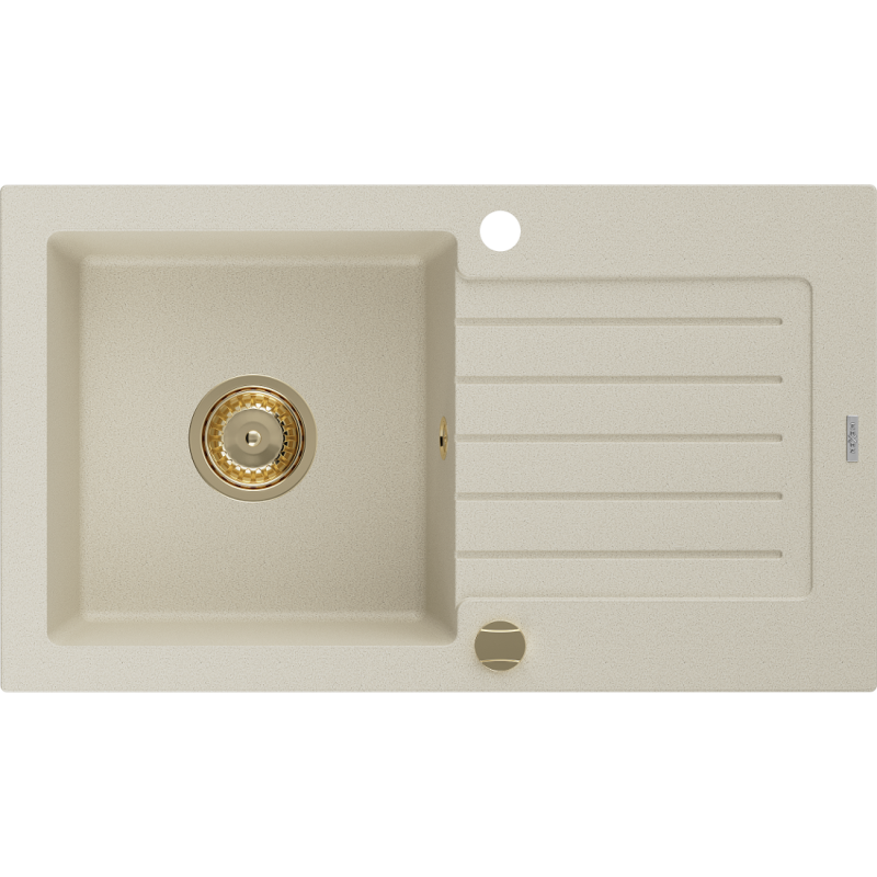 Mexen Pablo granite sink 1-bowl with drainer 752 x 436 mm, beige, golden siphon - 6510751010-69-G