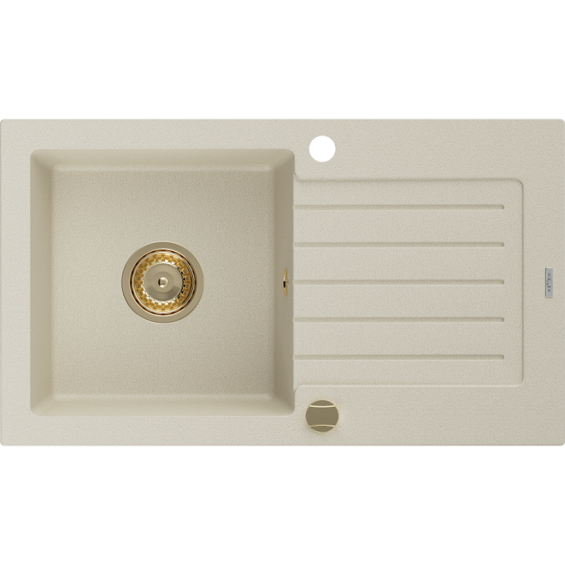Mexen Pablo Granitspüle 1-becken mit Abtropffläche 752 x 436 mm, beige, goldener Siphon - 6510751010-69-G
