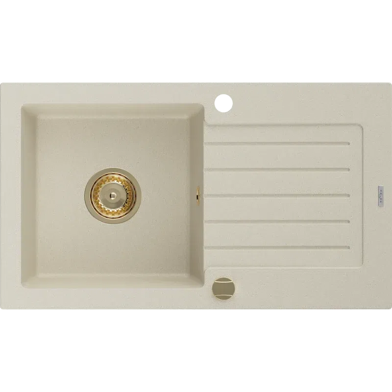 Mexen Pablo Granitspüle 1-beckig mit Abtropffläche 752 x 436 mm, beige, goldener Siphon - 6510751010-69-G