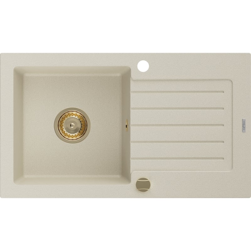 Mexen Pablo zlewozmywak granitowy 1-komorowy z ociekaczem 752 x 436 mm, beżowy, syfon złoty - 6510751010-69-G